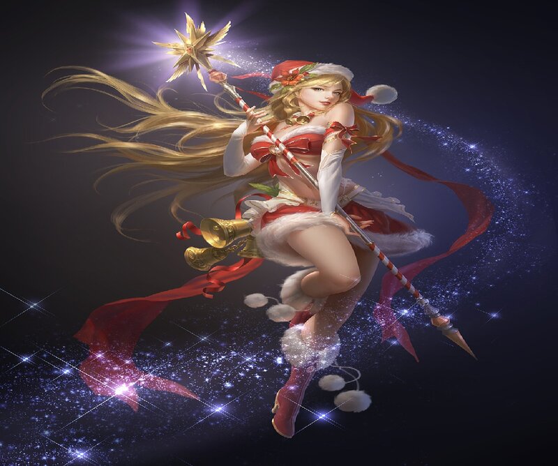 Female Character with Staff — Red, Dramatic, Night, Digital Art