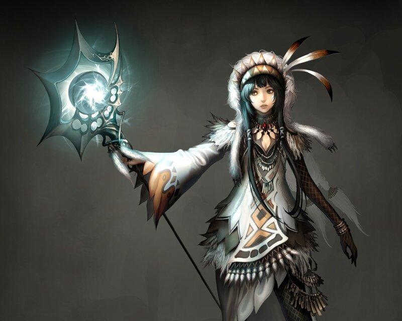 Female Character with Staff — White, Dramatic, Digital Art
