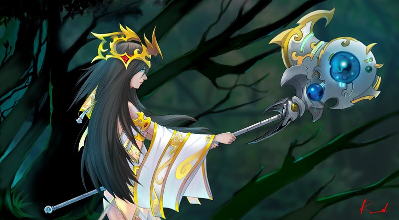 Female Character with Staff — White, Dramatic, Night