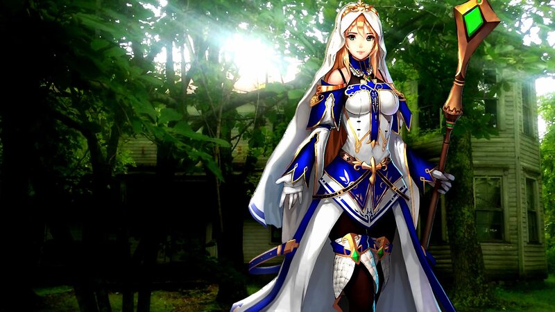 Female Character with Staff — White, Serene, Afternoon