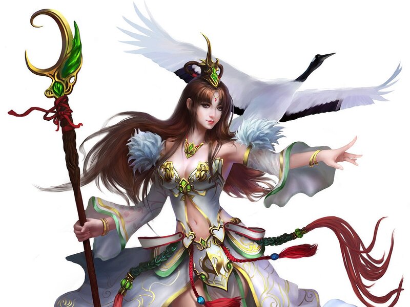 Female Character with Staff — White, Serene, Digital Art