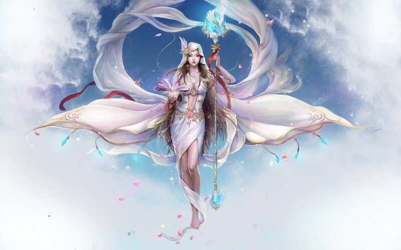 Female Character with Staff — White, Serene