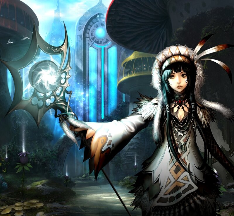 Female Character with Staff — White