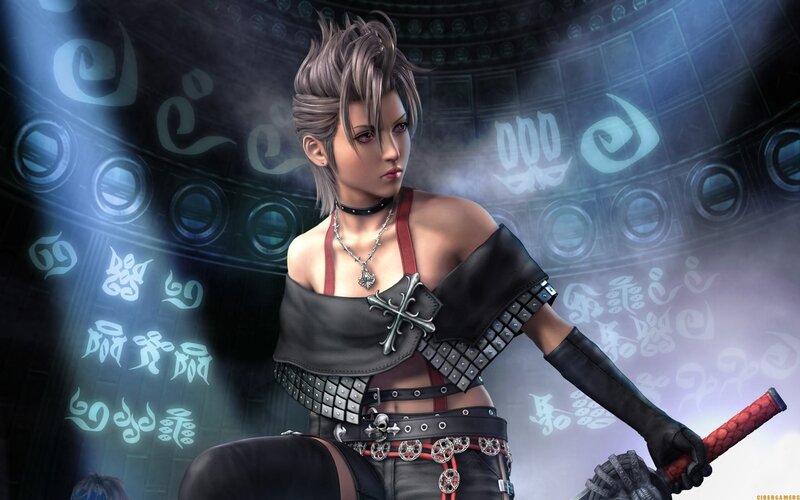 Female Character with Sword — Black, Dramatic, Digital Art, Choker