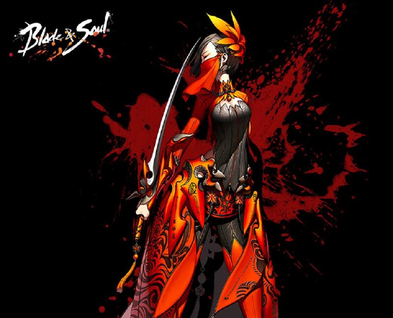Female Character with Sword — Black, Dramatic, Digital Art, Red Splatters