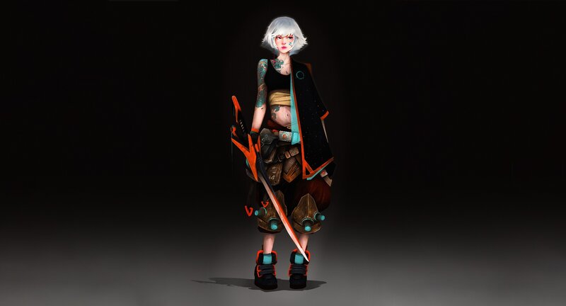 Female Character with Sword — Black, Dramatic, Digital Art, Tattoos