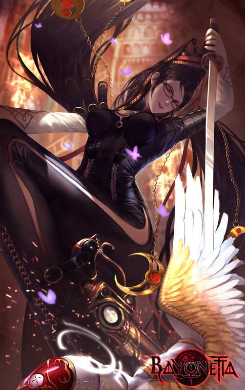 Female Character with Sword — Black, Dramatic, Digital Art, Wings