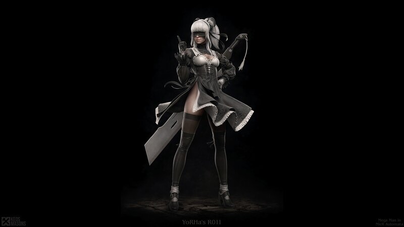 Female Character with Sword — Black, Dramatic, Night, 3d Render