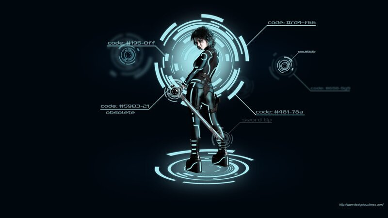 Female Character with Sword — Black, Dramatic, Night, Digital Art, Holographic Interface