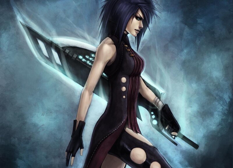 Female Character with Sword — Blue, Dramatic, Digital Art, Gloves
