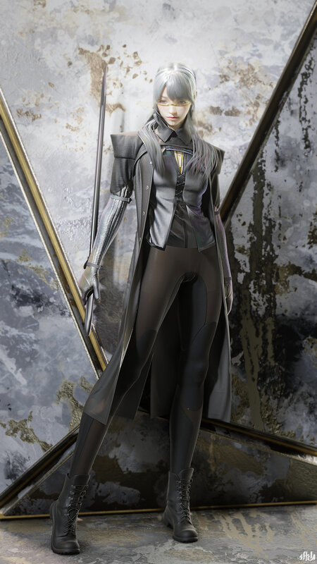 Female Character with Sword — Gray, Dramatic, Digital Art