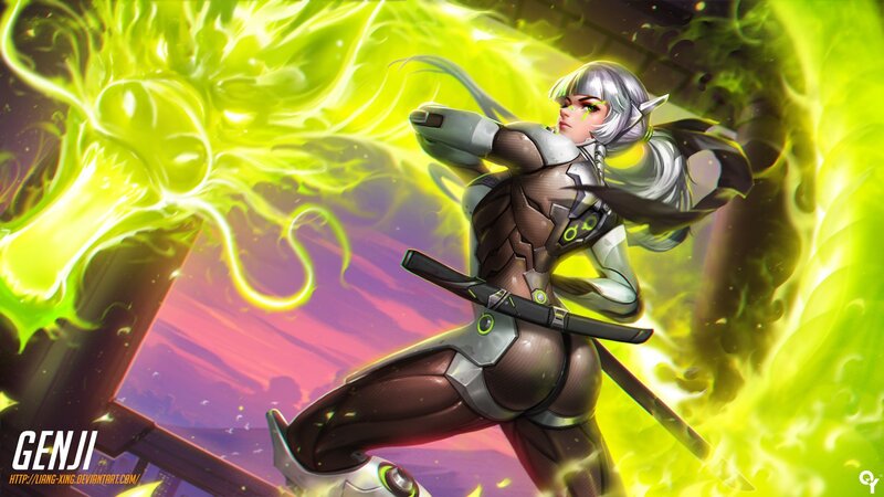 Female Character with Sword — Green, Dramatic, Sunset