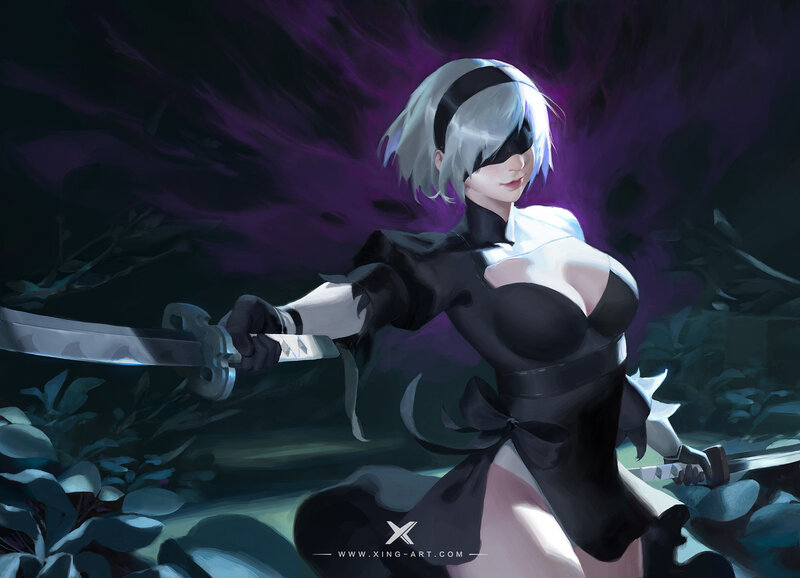 Female Character with Sword — Purple, Dramatic, Night, Digital Art