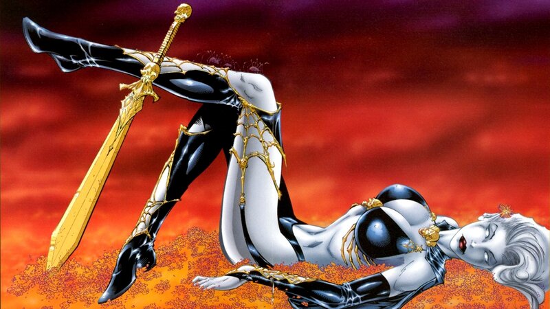 Female Character with Sword — Red, Dramatic, Comic, Skull