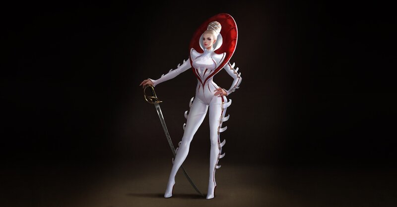 Female Character with Sword — White, Dramatic, 3d Render, Helmet