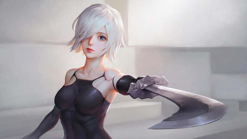 Female Character with Sword — White, Dramatic, Digital Art, Short Hair