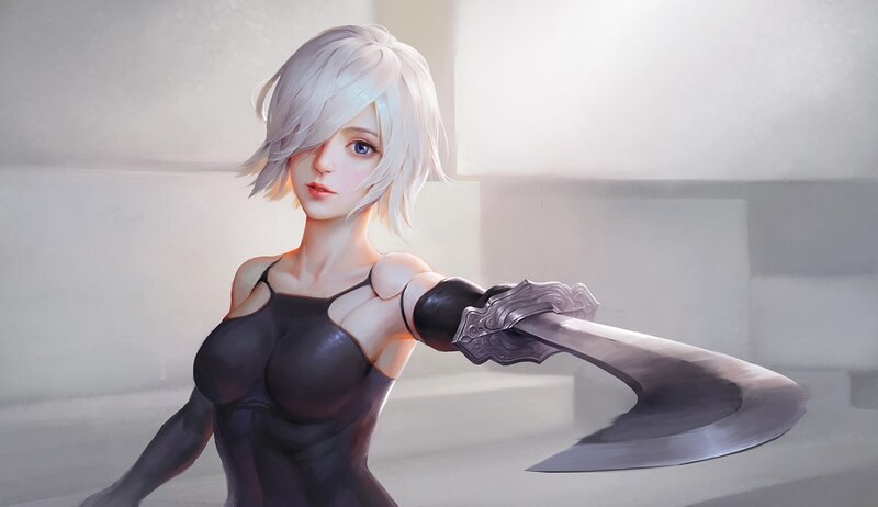 Female Character with Sword — White, Dramatic, Digital Art, White Hair