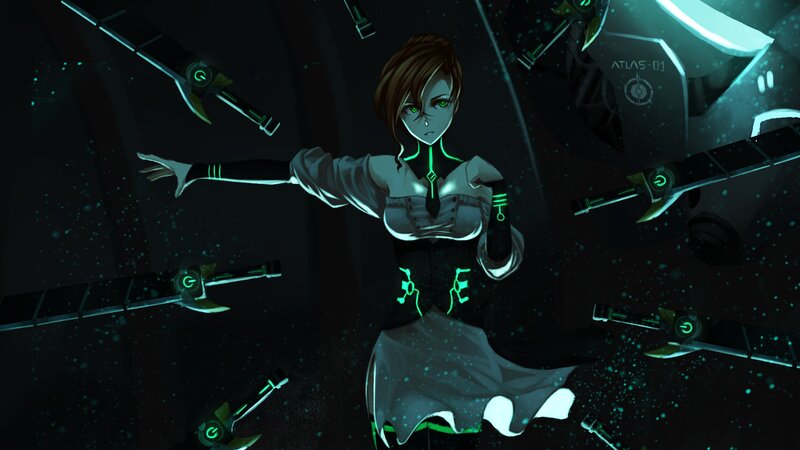 Female Character with Swords — Black, Dramatic, Night, Digital Art, Glowing Lines