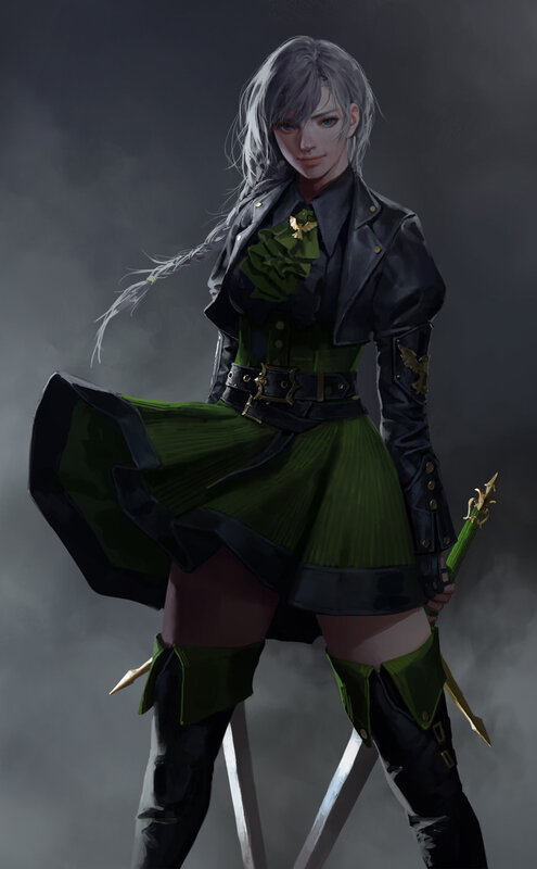 Female Character with Swords — Green, Dramatic