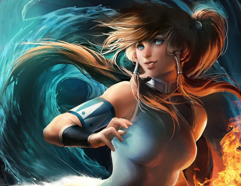 Female Character with Water and Fire — Blue, Dramatic