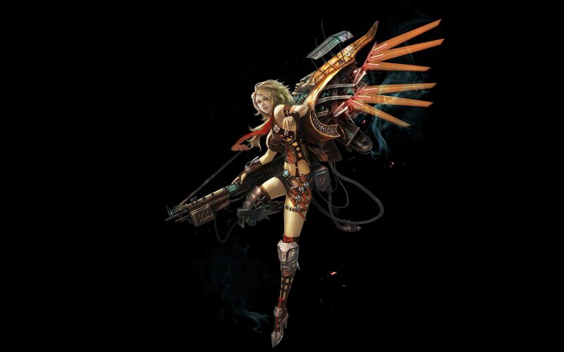 Female Character with Weapon — Black, Dramatic, Digital Art, Backpack