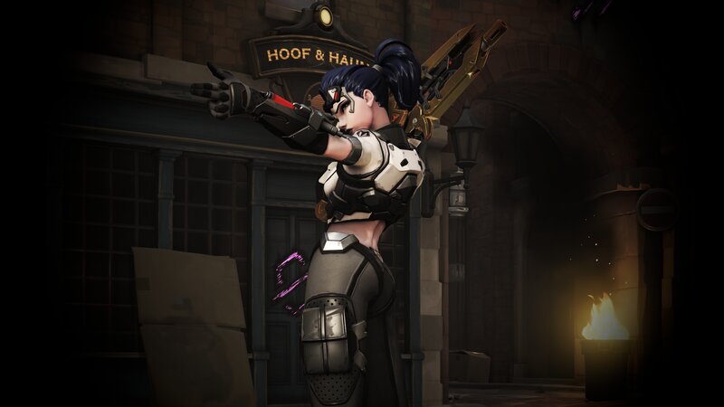 Female Character with Weapon — Black, Dramatic, Night, 3d Render, Building