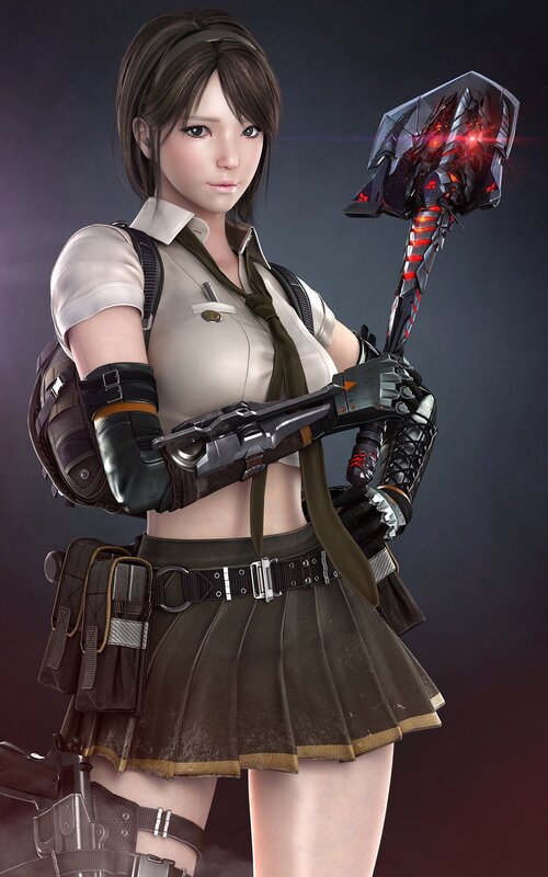 Female Character with Weapon — Brown, Dramatic, 3d Render