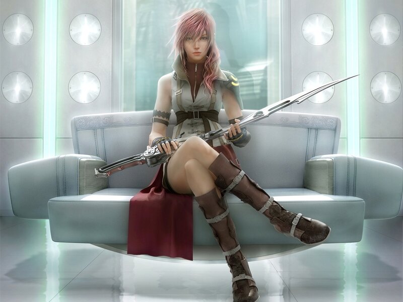 Female Character with Weapon — Gray, Calm, Digital Art, Couch