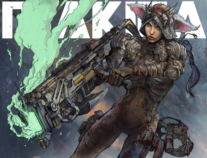 Female Character with Weapon — Gray, Dramatic