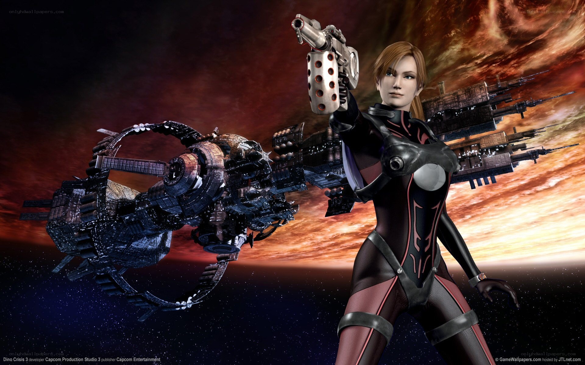 female character with weapon in space