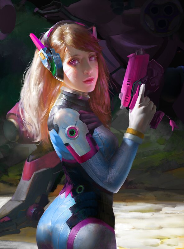 Female Character with Weapon — Pink, Dramatic, Digital Art, Headset