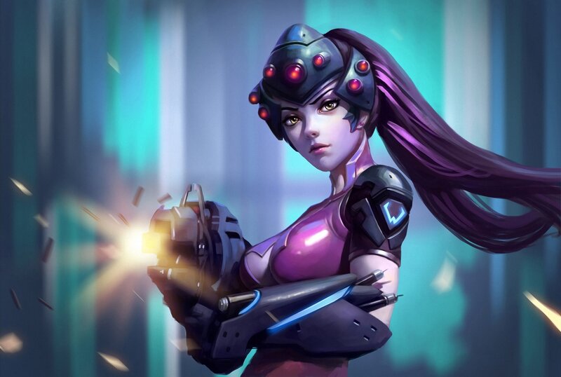 Female Character with Weapon — Purple, Dramatic, Digital Art, Helmet