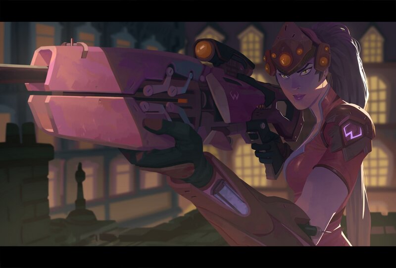Female Character with Weapon — Purple, Dramatic, Night, Digital Art, Cityscape