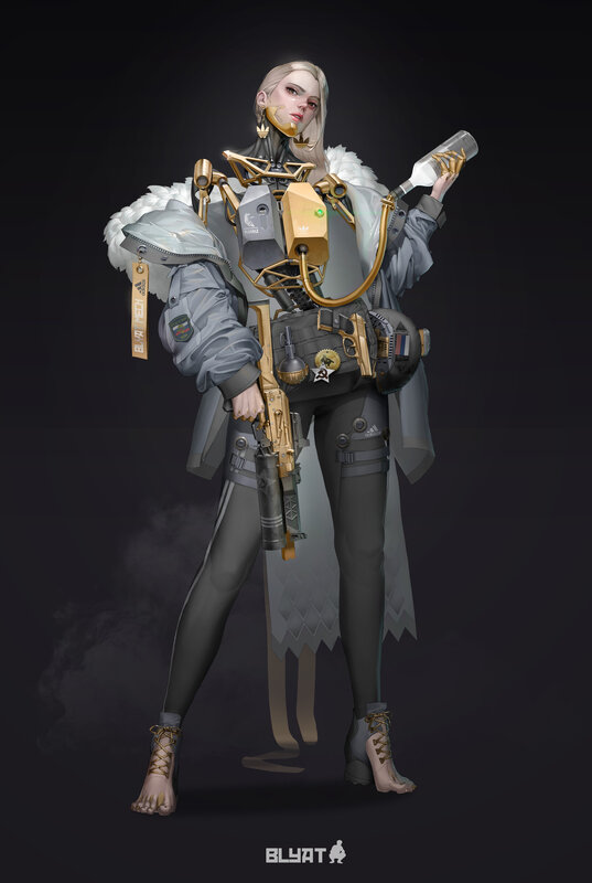 Female Character with Weapons — Gray