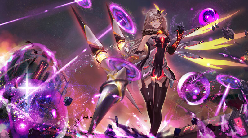 Female Character with Weapons — Purple, Dramatic, Intense