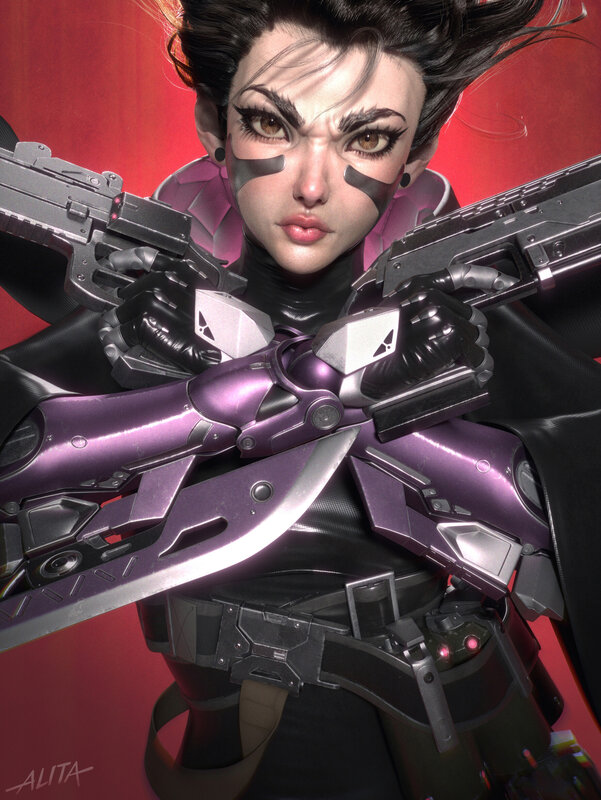 Female Character with Weapons — Purple, Intense