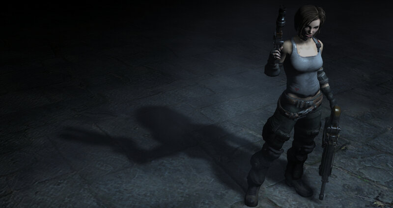 female character with weapons