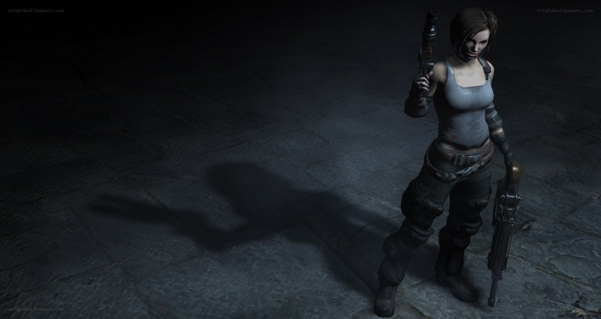 female character with weapons