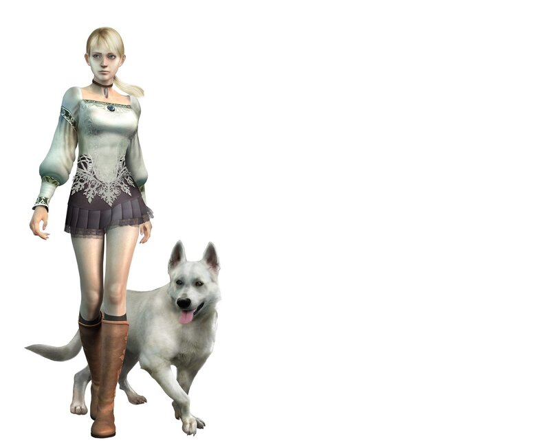 female character with white dog