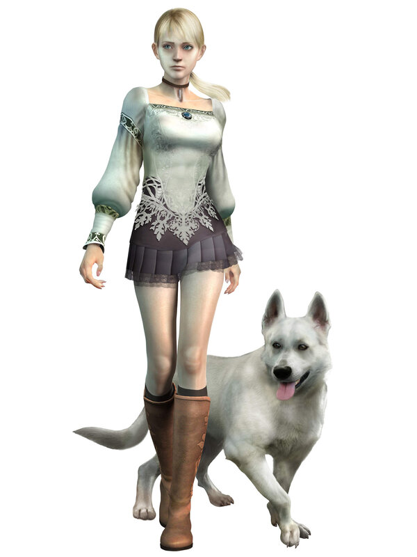 female character with white dog