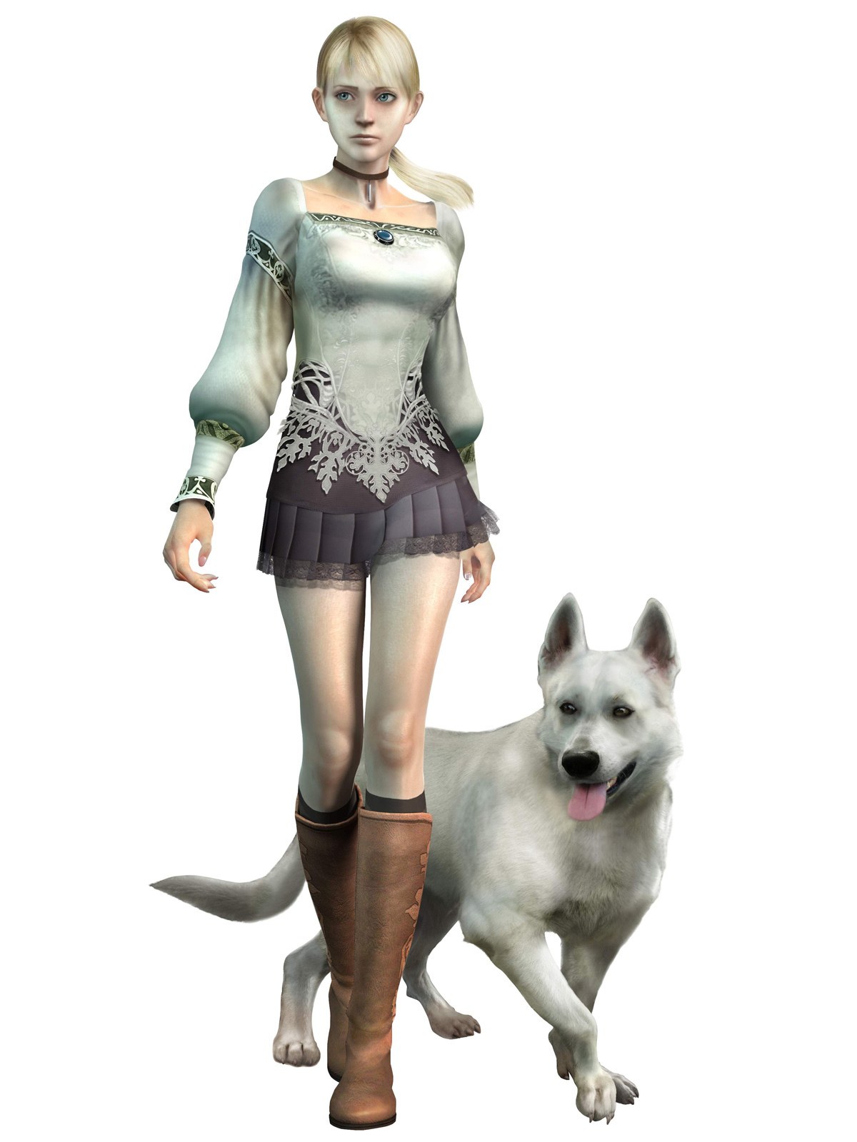 female character with white dog