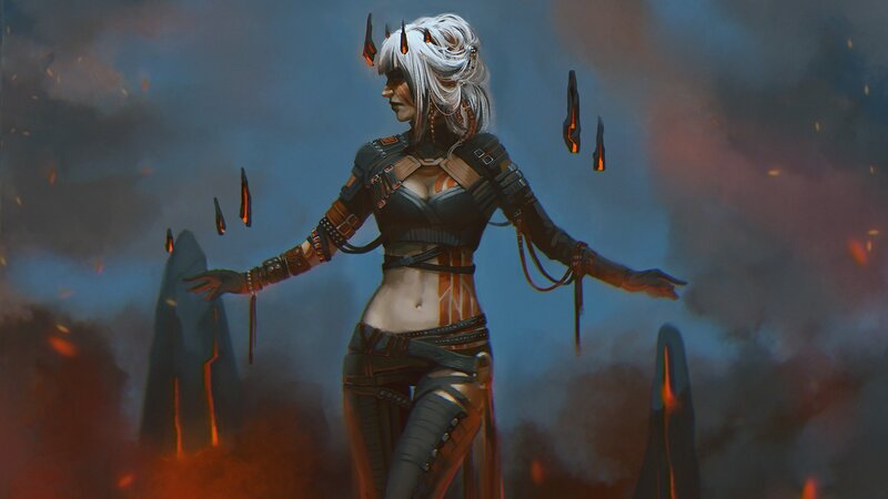 Female Character with White Hair — Blue, Dramatic, Digital Art, Fire