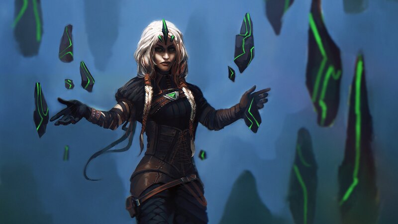 Female Character with White Hair — Blue, Dramatic, Digital Art, Green Energy
