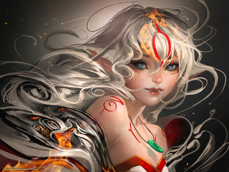 Female Character with White Hair — Dramatic, Digital Art, Fire, Flames