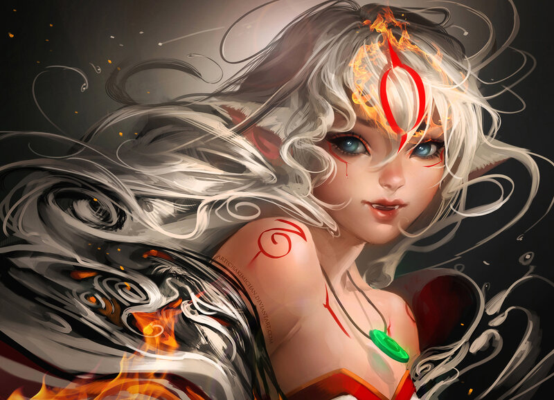 Female Character with White Hair — Dramatic, Digital Art, Fire