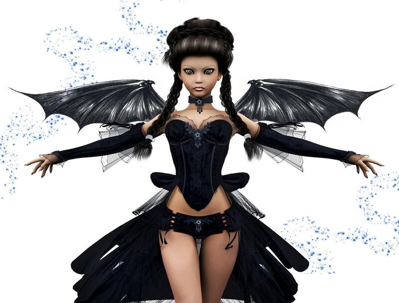 Female Character with Wings — Black, Dramatic, 3d Render, Corset