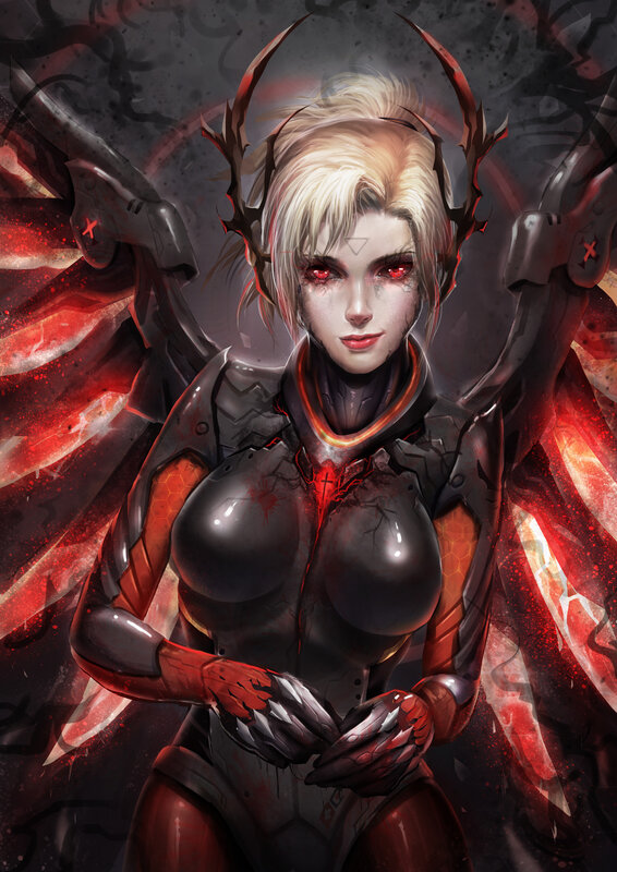 Female Character with Wings — Black, Dramatic, Digital Art, Armor, Red Eyes