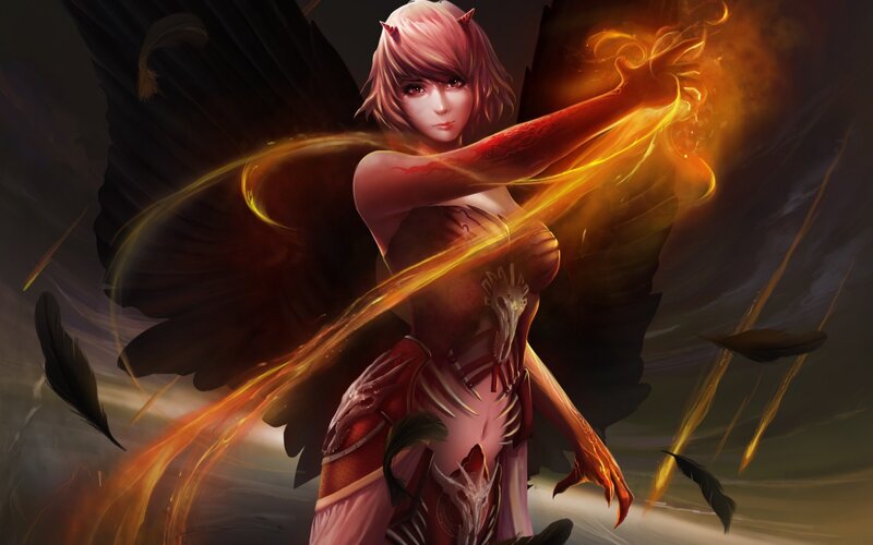 Female Character with Wings — Black, Dramatic, Digital Art, Fire