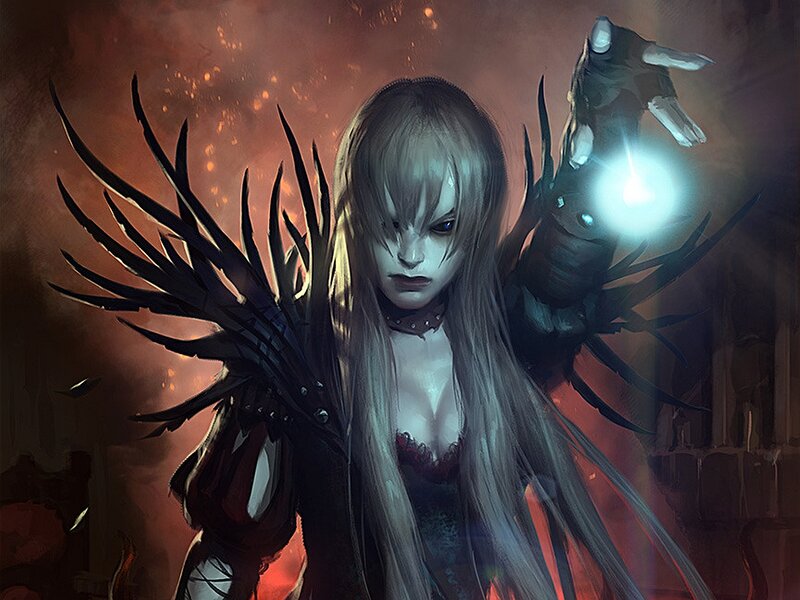 Female Character with Wings — Black, Dramatic, Digital Art, Glowing Hand