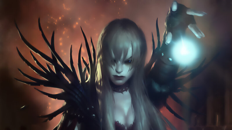 Female Character with Wings — Black, Dramatic, Digital Art, Glowing Orb